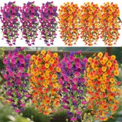 Resim 4 Adet Dış Mekan Asma Yapay Sabah Yıldızı Çiçeği ve Okaliptüs Yapraklı - UV Dayanıklı Plastik Dal, Canlı Mor Turuncu Sarı Pembe Kırmızı Renkler, Düğün Ev Ofis Bahçe Dekoru, Tüm Mevsimler İçin Kolay Bakım Yapay Çiçek Süsü, Renkli Çiçek Ekranı, Okaliptüs Detayı 