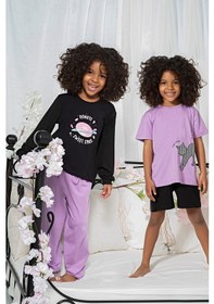 Resim For You Kids 4 Lü Donut Kedi Desenli Mor Siyah Pijama Takımı 