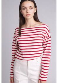 Resim Defacto Relax Fıt Kayık Yaka Premium Çizgili Tişört G7861ax26sprd79 Kırmızı-rd79 