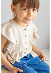 Resim Oliventhekid Bej Naturel Keten Önden Düğmeli Kolları Ve Beli Fırfırlı Kız Çocuk Bluz Bej Bej 