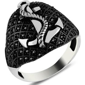 Resim 925 Ayar Gümüş Mikro Taş Işlemeli Çapalı Denizci Yüzüğü 