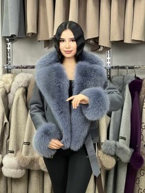 Resim Kadın Tilki Aksesuarlı Hakiki Koyun Kürk Manto BDC122-OZEL6 (Dar Kalıp) - 2XL / GRİ 