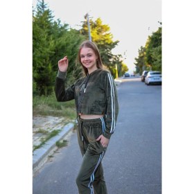 Resim Moda Kadın Kadife Kapşonlu Eşofman Takım Haki Beruflic 