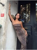 Resim Lucky Life Kadın Likralı Kumaş Leopar Desenli Yırtmaç Detaylı Maxi Boy Elbise Leopar 