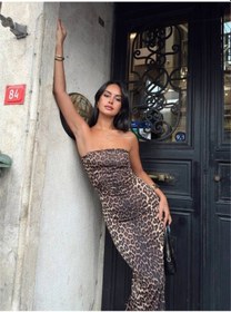 Resim Lucky Life Kadın Likralı Kumaş Leopar Desenli Yırtmaç Detaylı Maxi Boy Elbise Leopar 