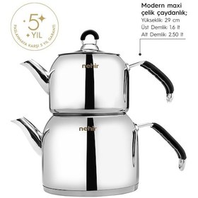 Resim Nehir Modern Maxi Büyük Boy Paslanmaz Çelik 1.6-2.5 Lt. Çaydanlık Takımı 