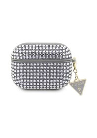 Resim Apple Uyumlu AirPods Pro 2 Kılıf Guess Lisanslı Parıltılı Taş Kaplamalı Üçgen Logo Süs Zincirli Gümüş 