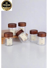 Resim 6'lı Akasya Kapaklı Cam Baharatlık Seti 240 Ml 16 Adet Etiket Hediye M70912 Ahşap 