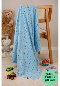Resim Çok Amaçlı %100 Pamuk Çift Katlı Müslin Örtü & Bebek Battaniye - Mavi Mavi 
