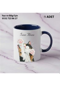 Resim Siyah Kedi Baskılı Kişiye Özel İsimli Hediyelik Kupa Bardak-kedi Sevenler İçin Özel Hediye Lacivert 