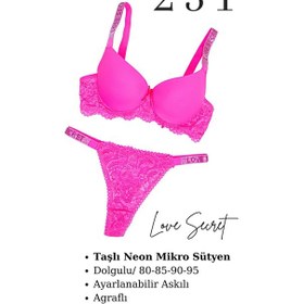 Resim Tılsım Lingerie Murays Kadın 2 Li Taşlı Neon Sütyen Takım Fuşya - Yeşil 