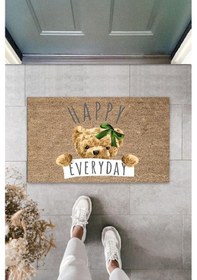 Resim Kahverengi Kapı Önü Paspası Happy Everday Ayıcık Desen K-3237 