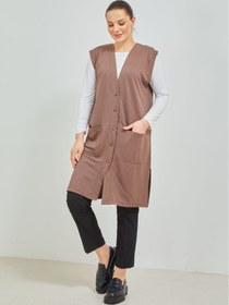 Resim Elçelya Moda Kadın Vizon Uzun Cepli Düğmeli Penye Anne Büyük Beden Tunik Yelek 