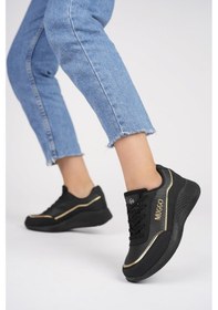 Resim Muggo Happy Garantili Kadın Ortopedik Günlük Bağcıklı Şık Rahat Sneaker Spor Ayakkabı Siyah - Altın 