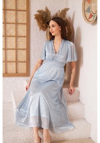 Resim Darlin Moda Mavi Simli Tül Üzeri Gri Puantiyeli Astarlı Abiye Elbise DM45948 