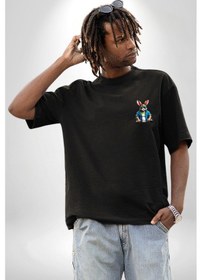 Resim Halter Spor Güneş Gözlüüğü Tavşan Siyah Oversize Unisex Ön Sol Yan Minimal Baskılı Tişört Koyu Siyah 