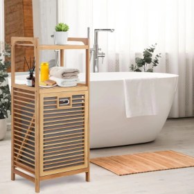 Resim Marsilyan 2 Organizer Raflı Ahşap Bambu Çek-Aç Kirli Sepeti 