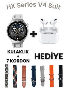 Resim RabbitTech Watch 4 PRO Suit Yuvarlak Akıllı Saat 7 Kordon ve Kulaklık Hediyeli Akıllı Saat Setİ 