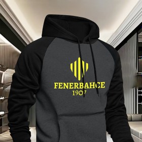Resim Erkekler İçin İki Tonlu Hoodie - Fenerbahçe 1905 Grafik Baskılı, Siyah & Heather Gri Raglan Kollu, Ön Cep Detaylı, Düzenli Kesim Sonbahar/Kış Kazak Hoodie 