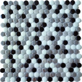 Resim MozaiKristaL Yaşam Alanlarının Tüm Yüzeyleri Için Cam Mozaik. Cam Ölçüsü: 22 Ø Mm. File Ölçüsü: 31.5X31.5 Cm. Renk: Beyaz-Siyah-Füme-Gri Mix. (1 Koli=1 File Karo=1 M2 Fiyatıdır) 