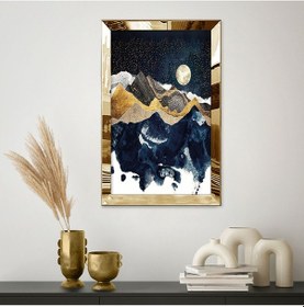 Resim Gold Aynalı Pleksi Çerçeveli Dağ Manzaralı Kahverengi Mavi Beyaz Gökyüzü Desenli Soyut Çizim Tablo 