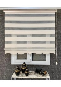 Resim Krem Geniş Pliseli Zebra Stor Perde Eteği Dilimli Alüminyum Kasa+metal Ayak 