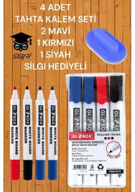 Resim 4 Adet Tahta Kalem Seti 2 Mavi 1 Kırmızı 1 Siyah Tahta Silgisi Çok Renkli 