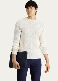 Resim Kırık Beyaz Bisiklet Yaka Regular Fit Desenli Triko Kazak 