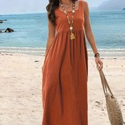 Resim Yaz Temalı YY0227769 Açık Bej Rahat Moda Basit Askılı Kolsuz Uzun Elbise 