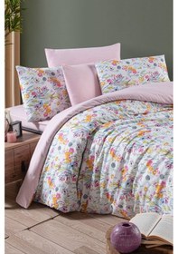 Resim Mystory Home Lastikli Çarşaflı Çift Kişilik Nevresim Takımı Lily Pembe - Turuncu 