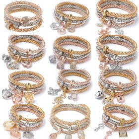 Resim 3'lü Kadın Katmanlı Bileklik Seti - Elastik Zincir, Rhinestone ve İlham Veren Charm'lar (Kelebek, Kalp, Anahtar Kilit, Ağaç, Baykuş, Fil, Taç, Kafatası, Müzik Notaları) - Geçmeli, Günlük Kullanım İçin Çok Yönlü, Hediyeler - Tüm Sezon Moda Takı 