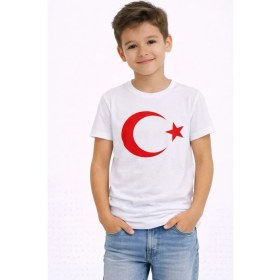 Resim Erkek Çocuk Tişört Bisiklet Yaka Ay Yıldız Bayrak Baskılı T-Shirt - Beyaz 