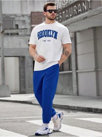 Resim Brooklyn T-shirt Eşofman Altı Jogger - Beyaz T-shirt Sax Mavi Eşofman Takımı Oversize Bisiklet Yaka Beyaz Sax Mavi 