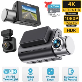Resim Kawa D7 2 Kameralı Ön ve Arka 4K+1080P Hdr Wi-Fi 6 ve Gps'li Araç Kamerası + 64GB Hafıza Kartı 