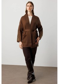 Resim On Fashion Kadın Kolları Taşlı Kuşaklı Triko Kahverengi Hırka 60902 Kahve 