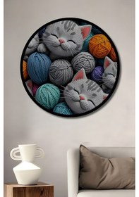 Resim Kediler Ve Renkli İplik Topları Görünüm Dijital Baskı Ahşap Tablo Yuvarlak Tablo Çerçeve Görünüm 255765 - 50 X 50 