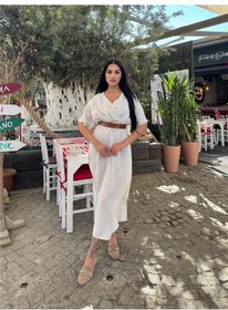 Resim WeShaya Taş Kruvaze Midi Kemerli Elbise Taş 