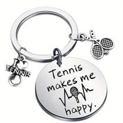 Resim 1 adet Paslanmaz Çelik Tenis Raketi ve Topu Anahtarlık, "Tenis Beni Mutlu Eder" Gravürlü Anahtarlık, Tenis Tutkunları İçin Sportif Anahtarlık 