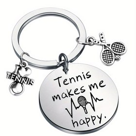 Resim 1 adet Paslanmaz Çelik Tenis Raketi ve Topu Anahtarlık, "Tenis Beni Mutlu Eder" Gravürlü Anahtarlık, Tenis Tutkunları İçin Sportif Anahtarlık 