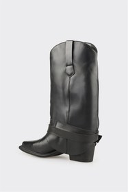 Resim Elle Siyah Deri Kadın Western Çizme 