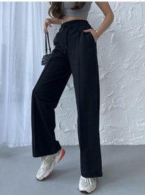 Resim Siyah-antrasit Kadın Mevsimlik Salaş Geniş Paça Yüksek Bel 2'li Eşofman Altı Siyah 