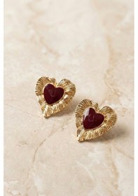 Resim Gold Bordo Mineli Ve Çizgili Kalp Küpe Renkli 