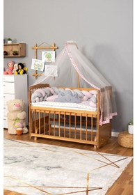 Resim Ahşap Beşik Anne Yanı Beşik Vernikli 60x120 - Pembe Gri Örgü Uyku Seti Seti + Yatak Ahşap 