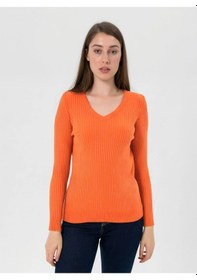 Resim Miss Poem Kadın V Yaka Slim Fit Fitilli Uzun Kışlık Oranj Triko Kazak Turuncu 
