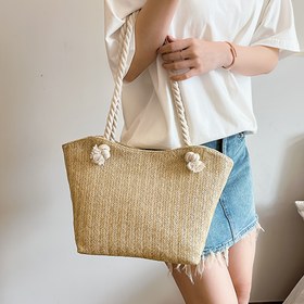 Resim El Dokuma Hasır Çanta, Plaj El Çantası, Hafif Omuz Askılı İki İpli Saplı ve Dekoratif Düğümlü, Seyahat ve Günlük Kullanım Moda Çantası, Geniş Alışveriş/Makyaj Çantası, Bej Premium Kalite İş/Seyahat Çantası 