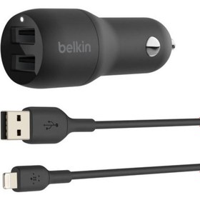 Resim Belkin 24W Hızlı Araç Şarj Cihazı 2 Port USB Siyah+Apple Lightning Kablo 