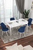 Resim Canisa Kor Serisi 70x114 Açılabilir Mutfak Masası Takımı Beyaz Mermer Desen Masa 4 Lacivert Sandalye 
