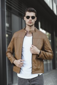 Resim Demian Dar Kesim Kısa Yaka İçi Polarlı Erkek Deri Ceket - TABA / XL 