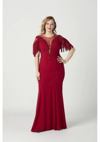 Resim Moda Berray 8009 Işlemeli Püsküllü Büyük Beden Uzun Abiye Kırmızı Kırmızı 