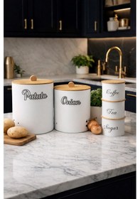 Resim Bambu Kapaklı Metal Mutfak Saklama Kavanozu Seti Patates, Soğan Ve Kahve Çay Şeker Saklama Kutuları Beyaz Beyaz 